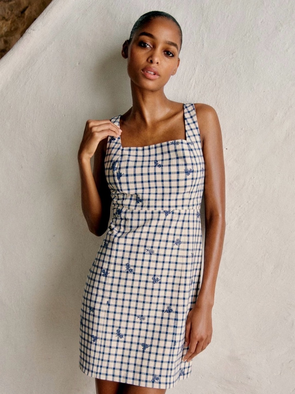 Sezane Dorothe Dress Blue Floral Embroidery on Vichy Fabric - Organic Cotton